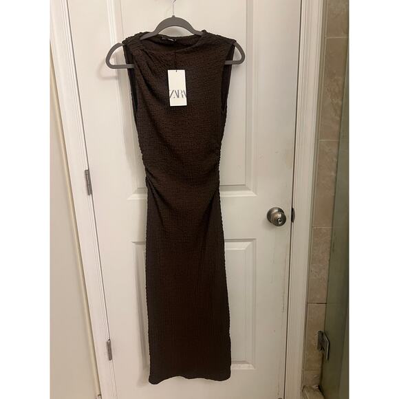 ZARA LONG TEXTURED KNOT BODYCON DRESS BROWN M MAXI ACADEMIA PREPPY COCKTAIL CHIC - Picture 1 of 8